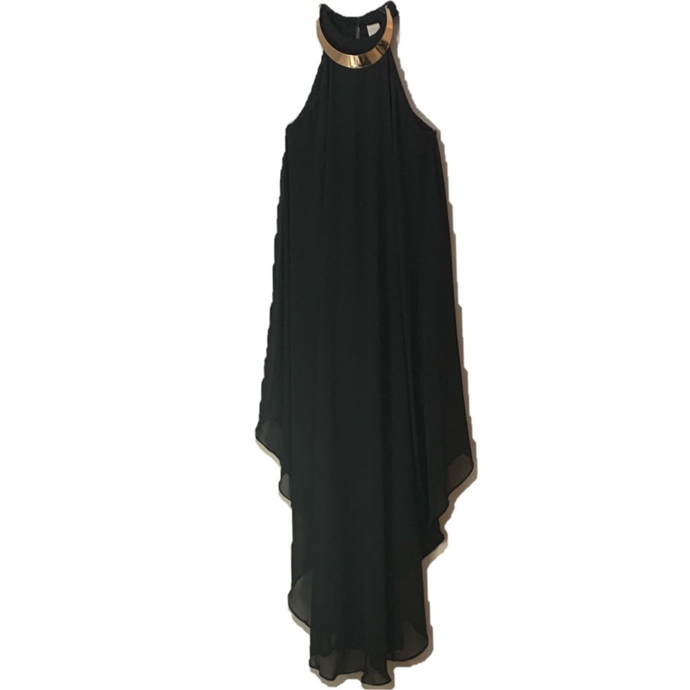 Black Maxi Chiffon Halter Dress With Gold Necklace